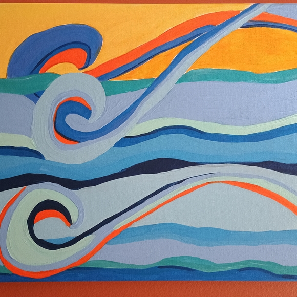 Abstract Ocean Waves Painting - Blue, Orange, and Green